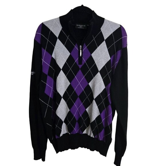 Glenmuir The Open Quarter Zip Argyle Cotton Golf Sweater Black & Purple Size XL - Picture 1 of 9